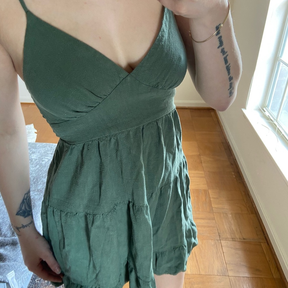 Monteau Olive Green Textured V-Neck Dress